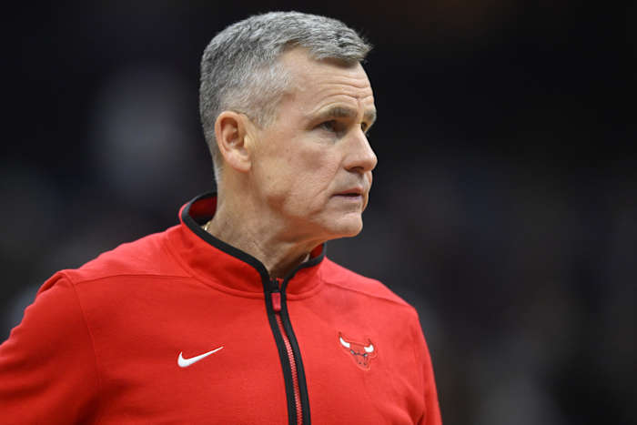 Chicago Bulls head coach Billy Donovan stands on the court in the second quarter against the Cleveland Cavaliers at Rocket Mortgage FieldHouse.
